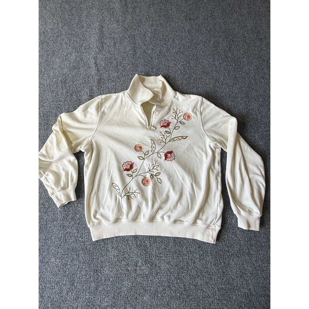 Alfred Dunner Petite Cream Floral Embroidered Quarter Zip Sweatshirt PM